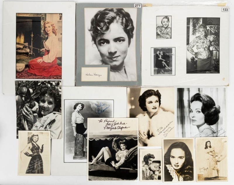 ACTRESSES: autographs of 1920s - 1950s era actresses on photographs/images or on piece, including Marguerite Chapman, Myrna Loy, Ann Blyth, Julie Adams, Helen Hayes and Mae Clarke. (22)