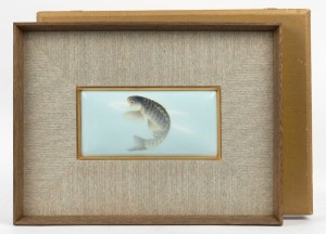 ANDO (attributed) fine cloisonne koi panel on blue ground in original frame and box of issue, 20th century, the panel 24 x 12cm, 45 x 35cm overall