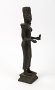 An antique Khmer cast bronze standing figure of the Hindu god Harihara, a combination of Vishnu and Shiwa, finely cast with detailed hair locks and realistic facial features, holding attributes in each hand, supported by a double square shaped pedestal ba - 2