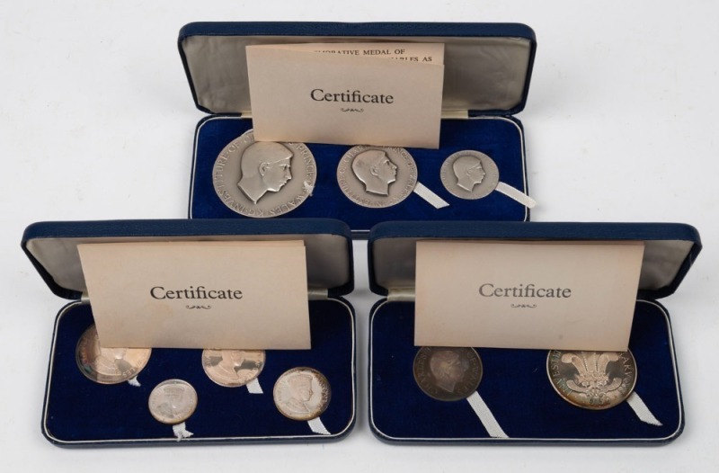 GREAT BRITAIN: Investiture of Prince Charles as Prince of Wales, 1st July 1969: Sets of 2 (#150 of 1000), 3 (#104 of 500) and 4 (#204 of 2000) Britannia Silver medals by John Pinches (Medallists) Ltd., in the original plush-lined cases of issue, each with