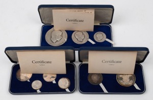 GREAT BRITAIN: Investiture of Prince Charles as Prince of Wales, 1st July 1969: Sets of 2 (#150 of 1000), 3 (#104 of 500) and 4 (#204 of 2000) Britannia Silver medals by John Pinches (Medallists) Ltd., in the original plush-lined cases of issue, each with the appropriate numbered Certificate of Limitation.