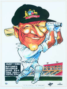 DON BRADMAN, prints (11) "Sir Donald Bradman A.C. 1908-2001, World Test Record Score 334 Australia vs England, Leeds 1930" by Weg (each one signed by the artist), published by the Bradman Museum, size 39x51cm.