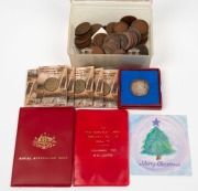 An unsorted range of pre-decimal coins (mainly &frac12;d's and 1d's), 1946 Florin aUnc, 1935 Silver Jubilee silver medal in box of issue, several 1995 $1 ("C") carded Waltzing Matilda commemorative coins, etc.