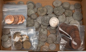 FLORINS: 1920 - 1945 duplicated range (19) plus 1967 (11), plus a range of Shillings, Sixpences, Threepences and Pennies. Total weight approx. 1kg.