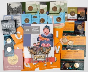 ONE DOLLAR COLLECTION: including 1997 Kingsford Smith (2 coin folder), 1998 Florey (10 folders, various mint marks), 1999 Last Anzacs (12, various mint marks), 1999 Last Anzacs/Older Persons folders (3), 2005 Gallipoli (5 folders, various mint marks), 2018 Rascals & Ratbags (4 coin folder), 2020 Eureka (4 coin folder), 2022 Great Aussie Coin Hunt (18 different) plus a few others.