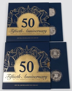 2019 50th Anniversary of Dodecagon 50c coins: 2 complete sets of 5 in the RAM folders of issue. Only 12,970 issued sets sold. Cat.$450.