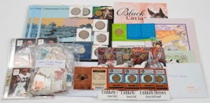 Australia 1988 $10 banknotes (3) in folders; various $1 coins on cards; other coins, plus a range of World stamps, etc.