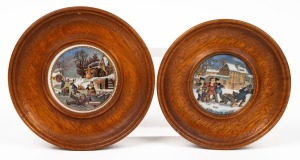 PRATT WARE two antique English pot lids in timber frames, titled "Alas! Poor Bruin", and "Dangerous Skating", 19th century, 8cm diameter