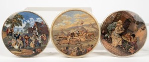 PRATT WARE three antique English pot lids titled "The Best Card", and "The Village Wedding", plus an untitled horse racing example,19th century, 10.5cm and 11cm diameter