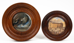 PRATT WARE two antique English pot lids in timber frames, one titled "Charing Cross", the other depicting a cat and lobster, 19th century, 10.5cm diameter