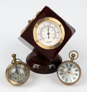 Two spherical skeleton clocks and a desk weather station in the form of a tumbling box, 20th century, (3 items), the weather station 17cm high