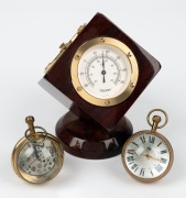 Two spherical skeleton clocks and a desk weather station in the form of a tumbling box, 20th century, (3 items), the weather station 17cm high