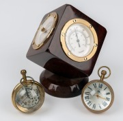 Two spherical skeleton clocks and a desk weather station in the form of a tumbling box, 20th century, (3 items), the weather station 17cm high - 2