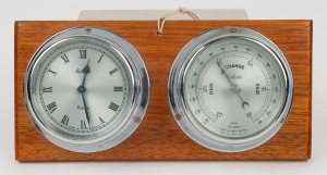 A vintage English nickel plated eight day wall clock and matching barometer, mounted on timber board, mid 20th century, 26cm wide overall