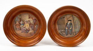A pair of antique Pratt Ware pot lids in timber frames, titled "On Guard" and "Hide And Seek", mid 19th century, the lids 10cm diameter