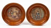 A pair of antique Pratt Ware pot lids in timber frames, titled "On Guard" and "Hide And Seek", mid 19th century, ​​​​​​​the lids 10cm diameter