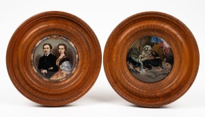 PRATT WARE two antique English pot lids in timber frames, one of a young Victoria and Albert, the other "A Pretty Kettle Of Fish", 19th century, 10cm diameter