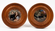 PRATT WARE two antique English pot lids in timber frames, one of a young Victoria and Albert, the other "A Pretty Kettle Of Fish", 19th century, 10cm diameter