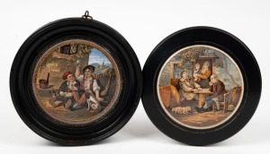 PRATT WARE two antique English pot lids in dark timber frames, 19th century, 11cm diameter
