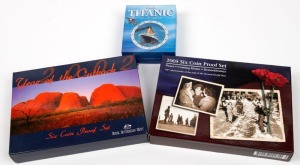 2002 Year of the Outback, and 2005 60th Anniversary of the end of the Second World War, complete Proof sets in boxes of issue; together with RMS Titanic 2012 Silver Proof Coin of Tuvalu. (3 items).