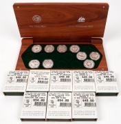 1997 - 2000 Sydney Olympics $5 silver coins: 9 of the proof-like coins contained in the special timber presentation case and accompanied by 8 of the original individual boxes of issue.