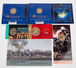 2013 $1 Black Caviar coloured coin on RAM card; 2017 50c Bullecourt Unc coin on RAM card; 2017 $2 Lest we Forget "C" coins (2) on RAM cards; 2018 $1 Berlin Money Fair RAM card and 2018 50c gold plated Year of the Dog on RAM card. (6 items).