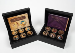 BRADFORD EXCHANGE BOXED SETS: 2014 "The Crowning Moments of Queen Elizabeth II" gold-plated Crown collection of 18; 2017 Great Explorers Gold Crown" Collection of 18.