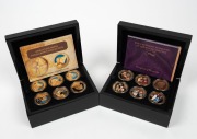 BRADFORD EXCHANGE BOXED SETS: 2014 "The Crowning Moments of Queen Elizabeth II" gold-plated Crown collection of 18; 2017 Great Explorers Gold Crown" Collection of 18.