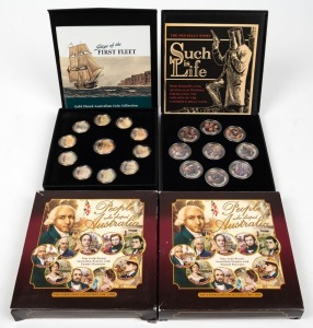 "People Who shaped Australia" 1788 - 1900, set of Nine gold-plated Pennies with enamel portraits (2 sets in original cases); "Such is Life - The Ned Kelly Story", set of Nine gold-plated Pennies with enamel illustrations; "Ships of the First Fleet", set of Ten gold-plated Half-Pennies and One Penny, all with enamel illustrations.