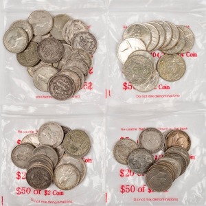 FLORINS: 1910 - 1936 (21, some poor), 1938 - 1944 (11), 1946 - 1963 (12), plus a 1937 Crown and 1966 50c (12). Total: 57 coins).