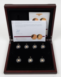 Macquarie Mint: The Smallest Gold Coins of the World Collection: Fourteen different 14-carat gold coins, issued on behalf of various countries and commemorating Bauhaus, Gutenberg, Woodstock, Newton, the Eiffel Tower, Pope John Paul 11, etc. Attractively presented in a custom-designed box and accompanied by original documentation.