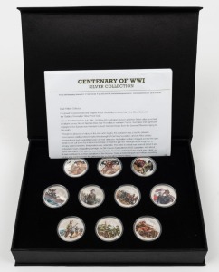 Macquarie Mint: 2018 Solomon Islands $10 "Centenary of WWI Silver Coin Collection; ten coins enhanced in colour; boxed and accompanied by Certifcates.