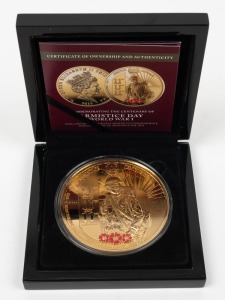 2018 Centenary of Armistice Day World War 1, Ten Crowns gold-plated colour-enhanced proof coin (89mm, 283g) in box of issue with certificate of limitation #56/1,111.
