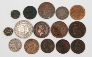 An unusual little group of early coins including a 1601 Henry IV silver piece, an 1811 2Fr Napoleon, 1834 Guernsey 8 Doubles, various English pennies, a USA 1921 Silver Dollar, etc. (15 items).