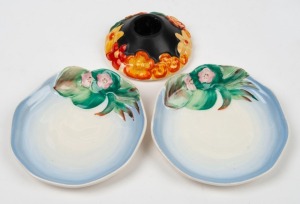 CLARICE CLIFF English Art Deco porcelain candle holder and two floral dishes, circa 1930, (3 items), the largest 12cm wide,