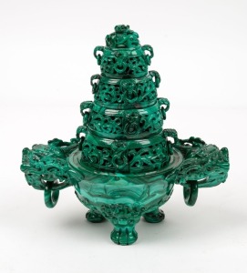 An antique Chinese carved malachite censer with dragon handles, 19th/20th century, 18cm high