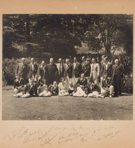 1949-50 AUSTRALIAN TOUR OF SOUTH AFRICA, team photograph with 16 signatures on mount below including LIndsay Hassett (captain), Neil Harvey, Keith Miller, Ray Lindwall, Arthur Morris & Sam Loxton, overall 38x42cm. G/VG condition.