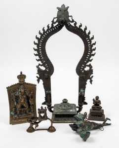 An antique cast bronze arch, 18th century; together with a group of assorted antique cast bronze artifacts, (6 items), the largest 44cm high