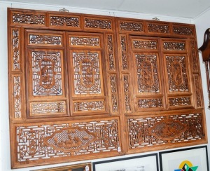 An attractive pair of vintage Chinese carved timber huali windows, early to mid 20th century, ​​​​​​​137 x 99cm each