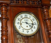 An antique German three weight Grande Sonnerie striking Vienna regulator wall clock in walnut case with turned column decoration, 19th century, 140cm high - 2