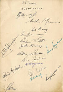 1949-50 AUSTRALIAN TEAM TO SOUTH AFRICA, S.S."Nestor" Farewell Dinner menu with 16 signatures on inside front cover, including Lindsay Hassett, Arthur Morris & Ray Lindwall. Menu with small tear at base, otherwise good condition.