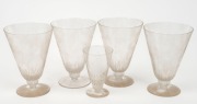 LALIQUE group of five assorted French drinking glasses in two sizes, engraved "Lalique", 13cm and 9cm high