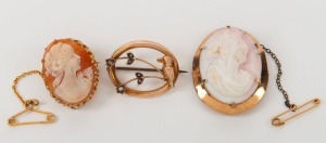 An Australian 9ct gold mounted cameo brooch, together with a carved cameo brooch in gold plated mount, plus an antique 9ct gold and seed pearls kookaburra brooch, 19th/20th century, (3 items), the kookaburra brooch 3cm wide