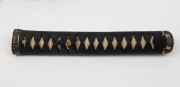 JAPANESE LONG SWORD (KATANA): 69.2cm clean blade with lt pitting to scuffed surface, long point 4.4cm, irregular temper line, centre of curvature 3.5cm from mid-point toward back notch, a characteristic of Bizen swords; 19.1 cm tang with signature - 5