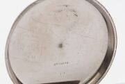 An antique English oversized pocket watch in silvered case with Roman numerals, housed in original mahogany travel case branded "Goldsmiths & Silversmiths Company Ltd.", 19th century, the case 14cm high overall - 2
