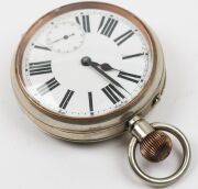 An antique English oversized pocket watch in silvered case with Roman numerals, housed in original mahogany travel case branded "Goldsmiths & Silversmiths Company Ltd.", 19th century, the case 14cm high overall - 5
