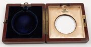 An antique English oversized pocket watch in silvered case with Roman numerals, housed in original mahogany travel case branded "Goldsmiths & Silversmiths Company Ltd.", 19th century, the case 14cm high overall - 7