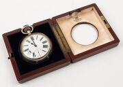 An antique English oversized pocket watch in silvered case with Roman numerals, housed in original mahogany travel case branded "Goldsmiths & Silversmiths Company Ltd.", 19th century, the case 14cm high overall - 8