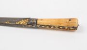 PERSIAN KARD: very good 9½” single edge wootz blade; gold inlay of flowers to the ricasso, back edge, hilt & tang; vg walrus ivory grips secured by 4 brass pins. Presented in an elaborate silver scabbard with 5 sections of gold & silver motifs & woven sil - 4