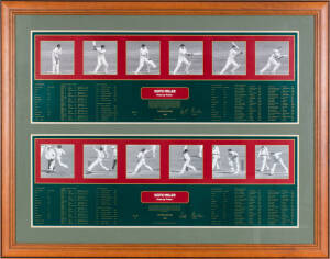 KEITH MILLER, two "Keith Miller - Frame by Frame" prints - one showing Miller bowling, other showing Miller batting, both signed and numbered 240/500, window mounted together, framed and glazed, overall 117x92cm. With CoAs. [Keith Miller, one of Australia